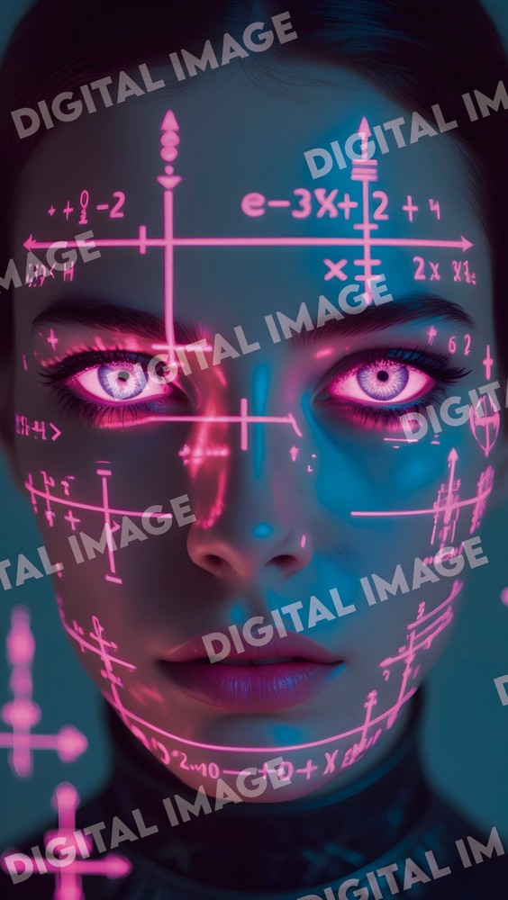 Cyberpunk Digital Art Print, Holographic Math Portrait, Futuristic Sci-Fi Decor