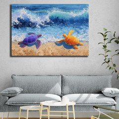 Colorful Sea Turtles Beach Painting, Purple Orange Ocean Blue Waves, Coastal Art