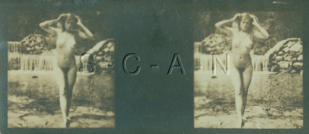 Org Antique B/W Nude Real Photo- Double Stereoscope- Woman Outdoors- Waterfall