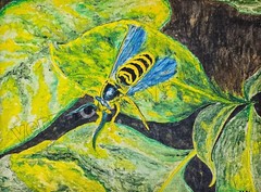 Blue-Winged Bee on Leaves Nature Art Instant DOWNLOAD Farmhouse Rustic