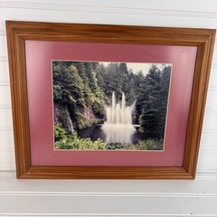 Vintage Framed Landscape Photography Fountain Pond Trees Nature Art Print 16×13″