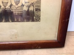 Antique Family Photo Wood Frame Children on Church Bench 3 Adults Brick Building