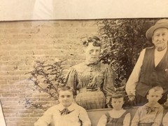 Antique Family Photo Wood Frame Children on Church Bench 3 Adults Brick Building