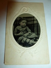 Antique Tin Type Photo Young Girl Child on Plaid Couch