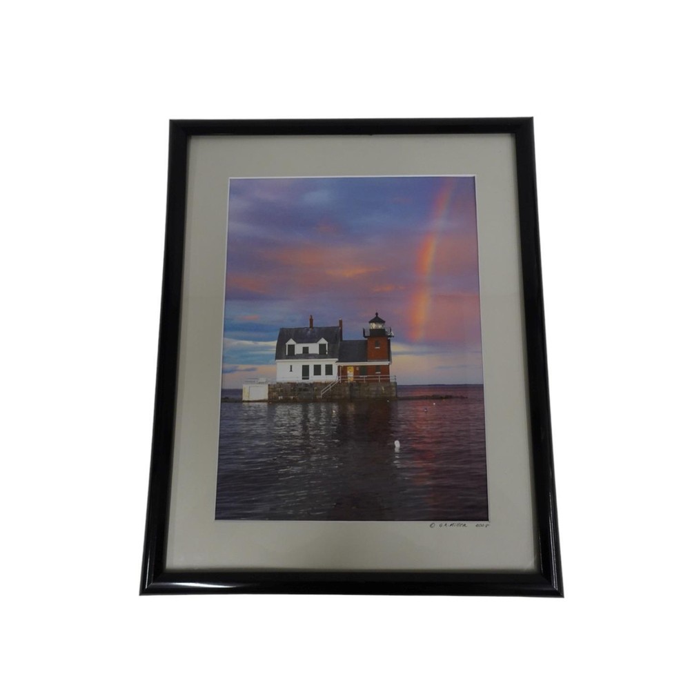 Maine Rockland Breakwater Lighthouse Signed Photograph George A. Miller Rainbow