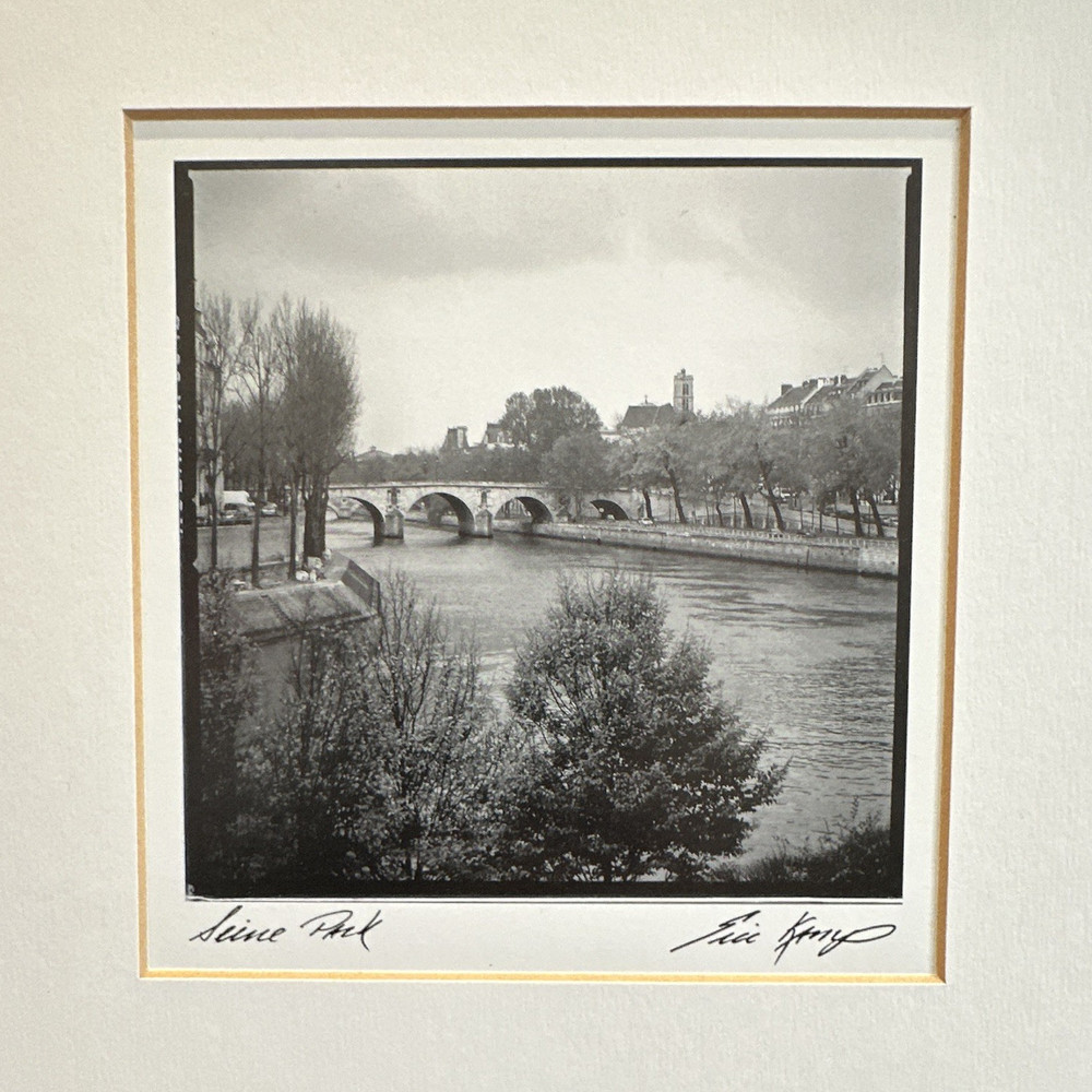 Signed Matted Black & White Landscape Photograph «Seine Park» River Bridge