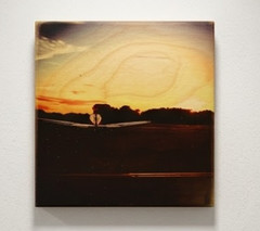 Runway Departure 5×5 Signed Art Tile – Sunset Airplane Photography on Wood
