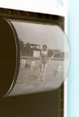 Great old negative – woman in swimsuit in outdoor pool – 1950s?