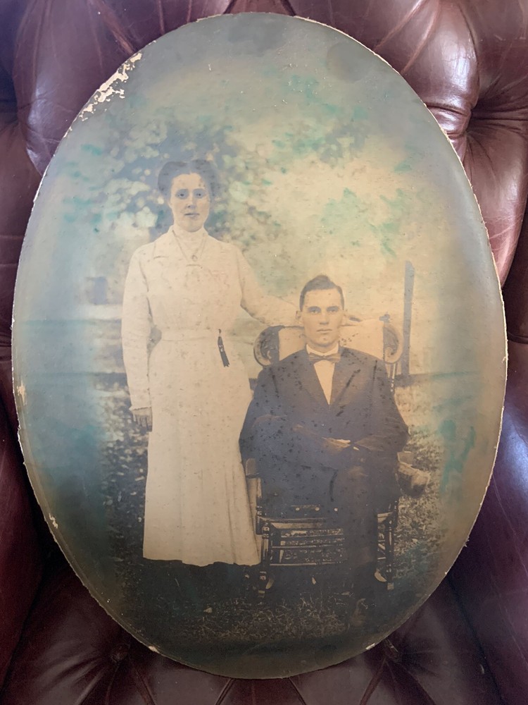 Antique Vtg Portrait Photo Couple Oval Hand Colored Wedding For Convex Bubble
