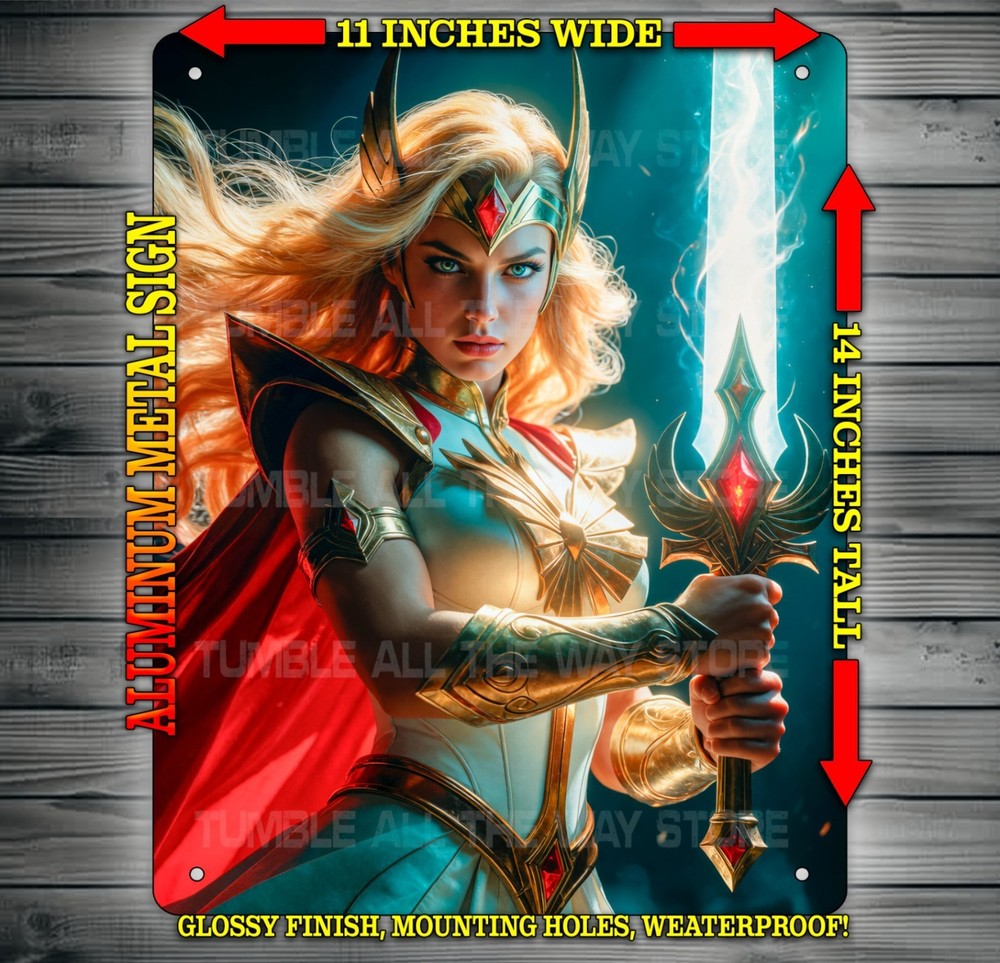 Sexy She Ra Princess with Sword Metal Sign Wall Art 14″ x 11″