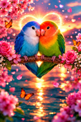 Romantic Love Birds Wall Art Print | Colorful Couple Birds Digital Download