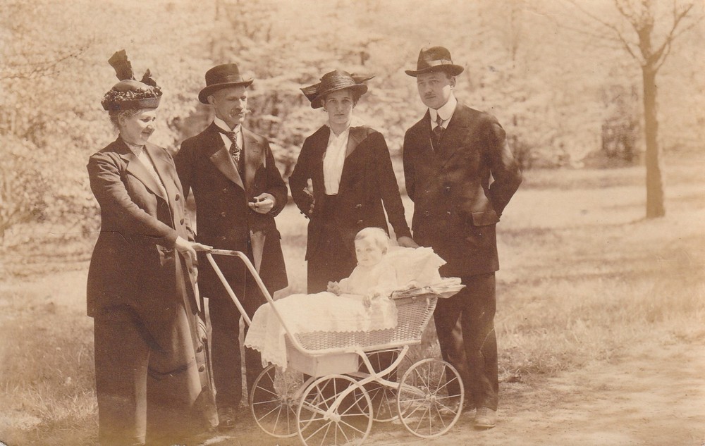 Photo postcard family in historical clothes fashion with pram 1920s