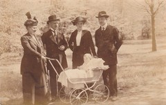 Photo postcard family in historical clothes fashion with pram 1920s