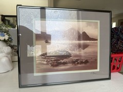 Vintage Signed Sepia Coastal Seascape Photograph Nielsen Metal Frame Matted