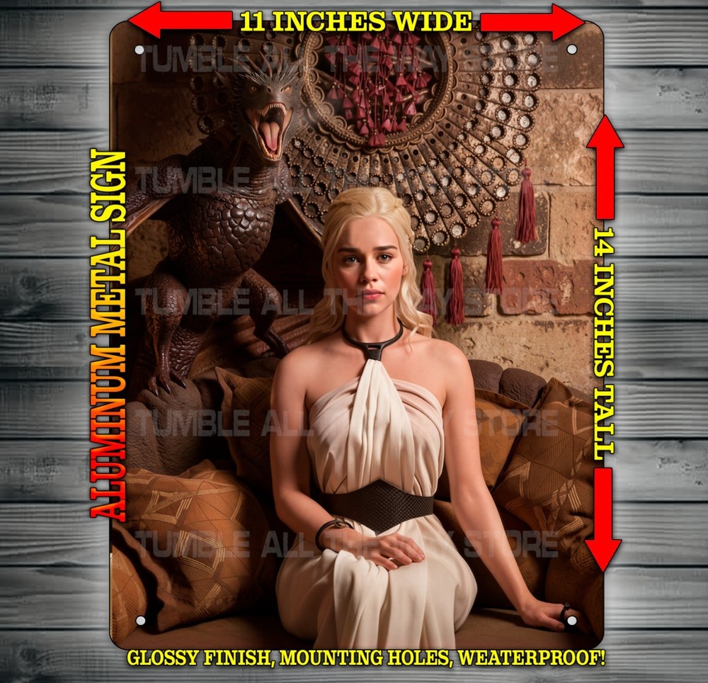 Daenerys «Mother of Dragons» Lounging with Dragon Metal Sign Wall Art 14″ x 11″