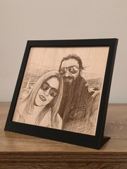 Laser Engraved Couple Photo on Wood, Framed Personalized Portrait