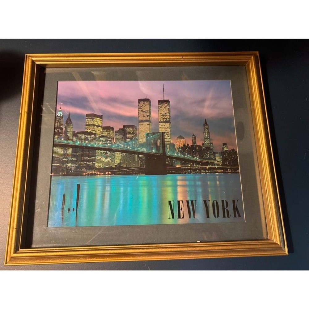 Vintage Framed New York City Skyline Print World Trade Center 19″ x 15 1/2″