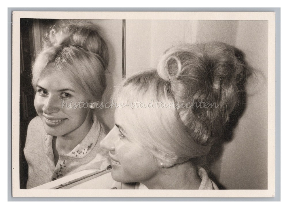 Young Woman in Mirror – Hairstyle Curtain Bangs Beehive with Bun Photo 1950s 1960s