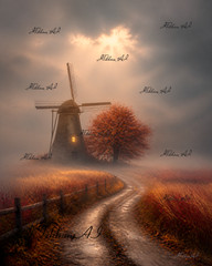 Digital Art Landscape Autumn Nature Windmill Fog Tree Road Background Wallpaper