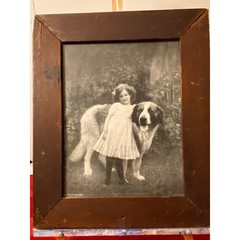 Antique b/w photo late 1800s Girl & Dog «The Old Guard» heavy old wood frame EVC