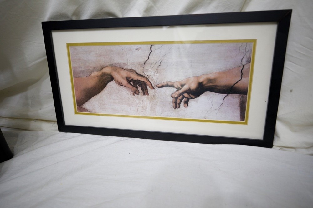 Creation of Adam, Wooden Framed Printed Wall Art ,Glass Protective Cover +2Hooks