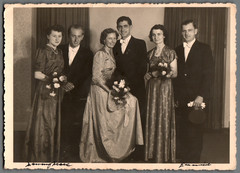 Photograph Three Pretty Women with Men, Flowers, Bow Tie, Fashion c.1940s K2015