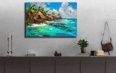 Bora Bora Oil Painting, Bora Bora Beach Landscape, Palm Trees Tiki Hut Wall Art