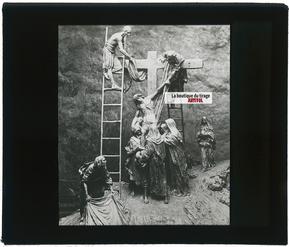 La Descent Of La Cross, Photo Antique Plate Glass, Black & White, 3 5/16×3 7/8in