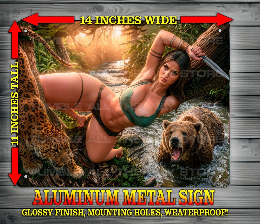 Sexy Lara Croft in Jungle Hunting Grizzly Bear Metal Sign Wall Art 14″ x 11″