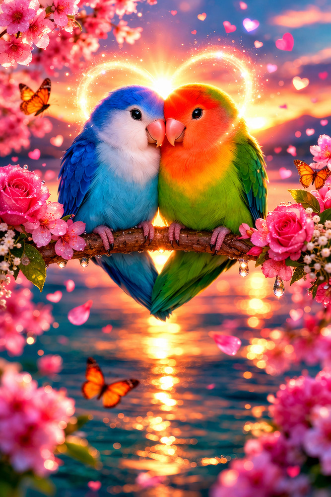 Romantic Love Birds Wall Art Print | Colorful Couple Birds Digital Download