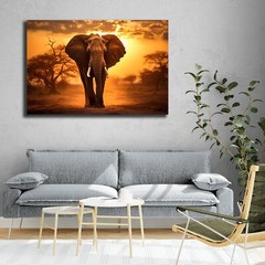 Elephant Canvas Wall Art, Sunset Nature Photo Pictures Large African Elephant