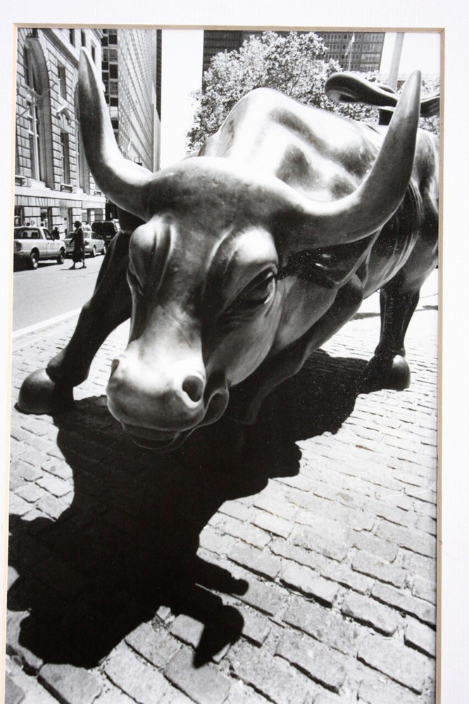 AKI DAVIS Signed Photograph Charging Bull Sculpture NYC B&W Silver Gelatin