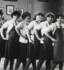 pretty school girls in shoemaker costume, funny, unusual, Vintage fine art Photo