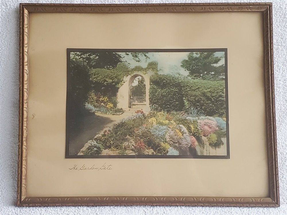 VINTAGE Wallace Nutting Colorized Photo THE GARDEN GATE 14.75″x11.75″
