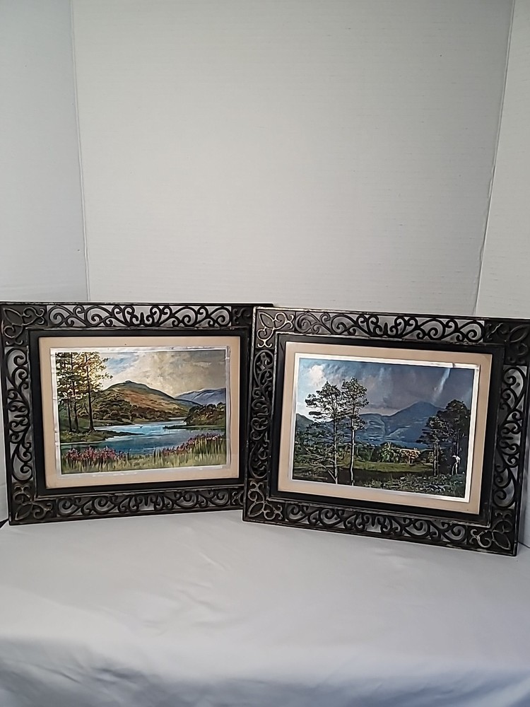 Vintage Pair Dufex Prints FJ Warren LTD Foil Landscape Matted In Plastic Frames
