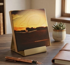 Runway Departure 5×5 Signed Art Tile – Sunset Airplane Photography on Wood
