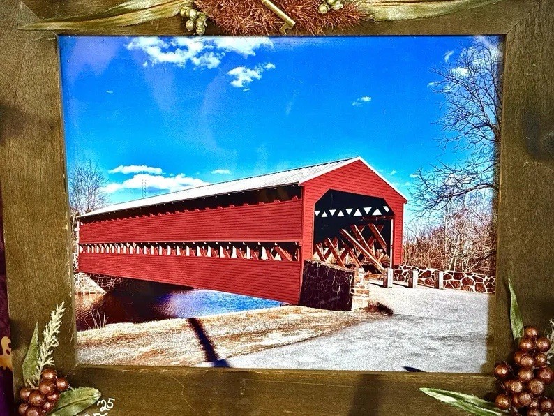 OOAK Rustic Embellished Framed Photo HAUNTED Sachs Covered Bridge GETTYSBURG PA