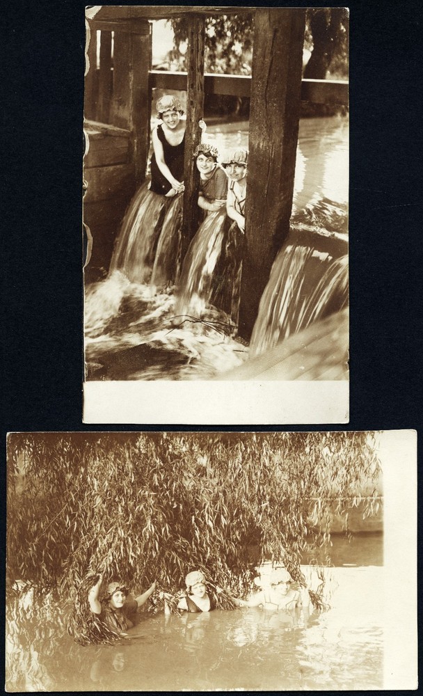 LOT 2x, pretty girls in river, swimsuits, bathing caps, women, water reflection