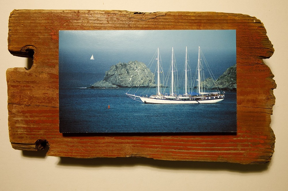Driftwood Mounted Seascape – French Training Ship, St. Barts