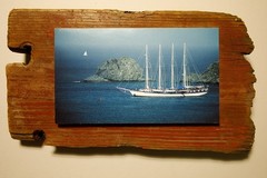 Driftwood Mounted Seascape – French Training Ship, St. Barts
