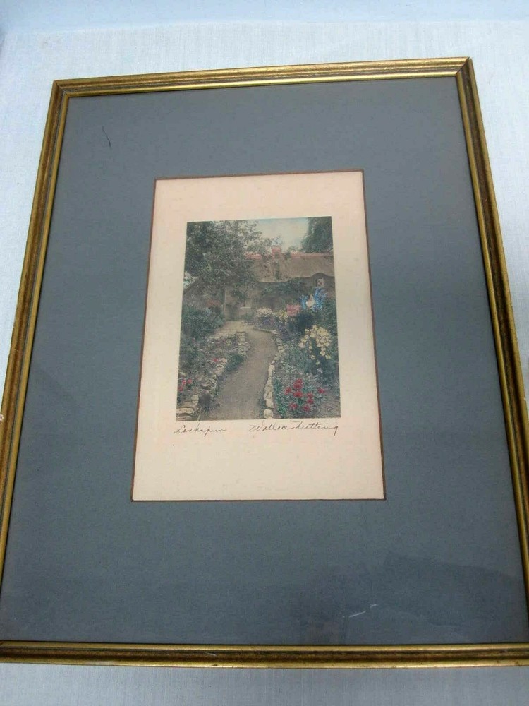 WALLACE NUTTING «GARDEN OF LARKSPUR» HAND TINTED FRAMED PHOTOGRAPH SIGNED