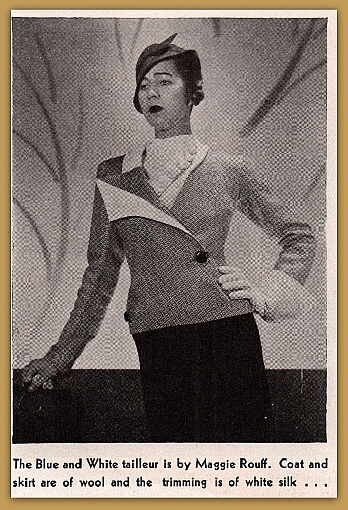 1933 Fashion Print Photo Maggie Rouff Blue White Tailleur Wool Silk Designer