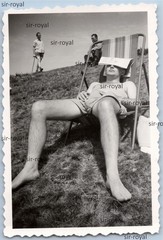 Man Sunbathing on Recliner Chair with Newspaper as Sunscreen – 1950s Photo 6x9cm