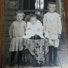Antique Postcard Photograph Snapshot of three young kids on front porch