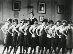 pretty school girls in shoemaker costume, funny, unusual, Vintage fine art Photo