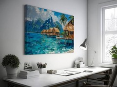 Beach Paradise Wall Art, Tropical Overwater Bungalows Painting, Coastal Seascape