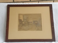 VTG Wallace Nutting Colorized Photo HARMONY HARP FIREPLACE INTERIOR 18.75″X15.8″