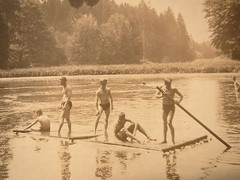 At Leuchtenburg (Thuringia) – Young Men with Raft – 1920s / 3x Photo