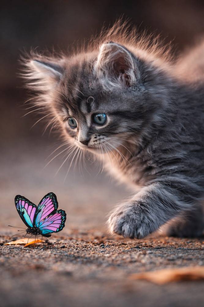 Kitten Butterfly Playing Wall Art Digital Image AI Photo Background Wallpaper
