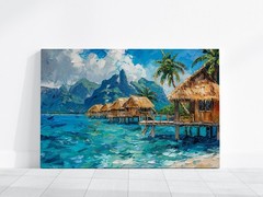 Beach Paradise Wall Art, Tropical Overwater Bungalows Painting, Coastal Seascape